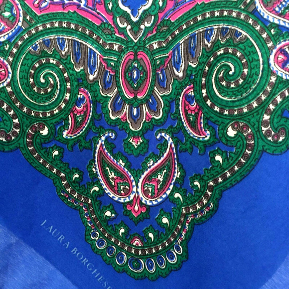 Laura Borghese Italy Designer Colorful Paisley Square Scarf Blue Green Pink Vtg - Picture 3 of 9